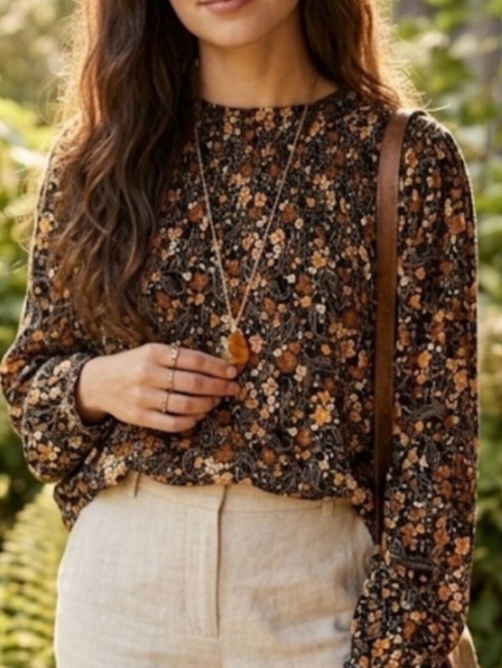 J.Jill Floral Long-Sleeve Floral Boho Blouse in Brown